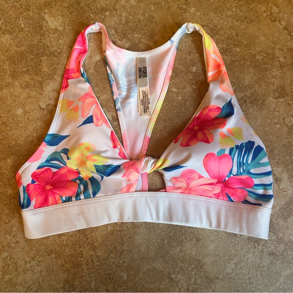 PINK Victoria’s Secret White Tropical Floral Print Twist Sports Bra Gym to Swim - Picture 4 of 4